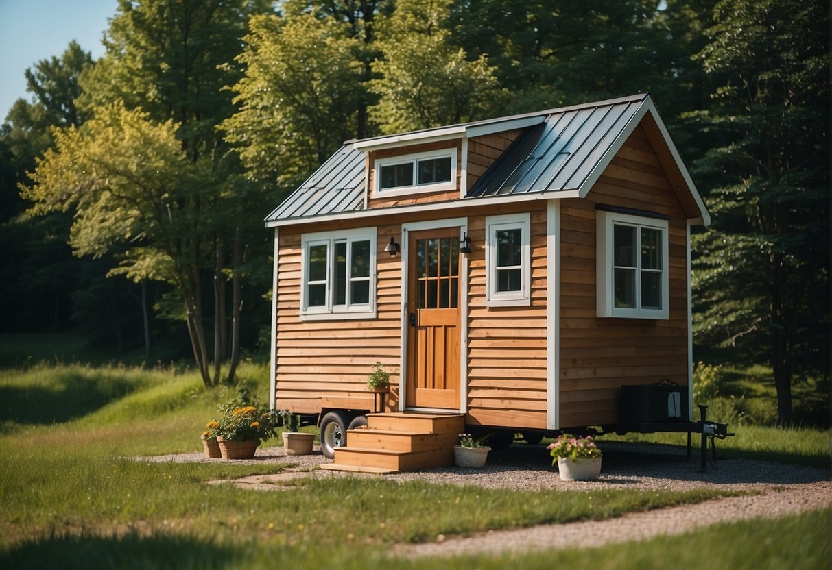 A tiny house nestled in the Michigan countryside, surrounded by rolling hills and lush greenery, with a clear blue sky overhead