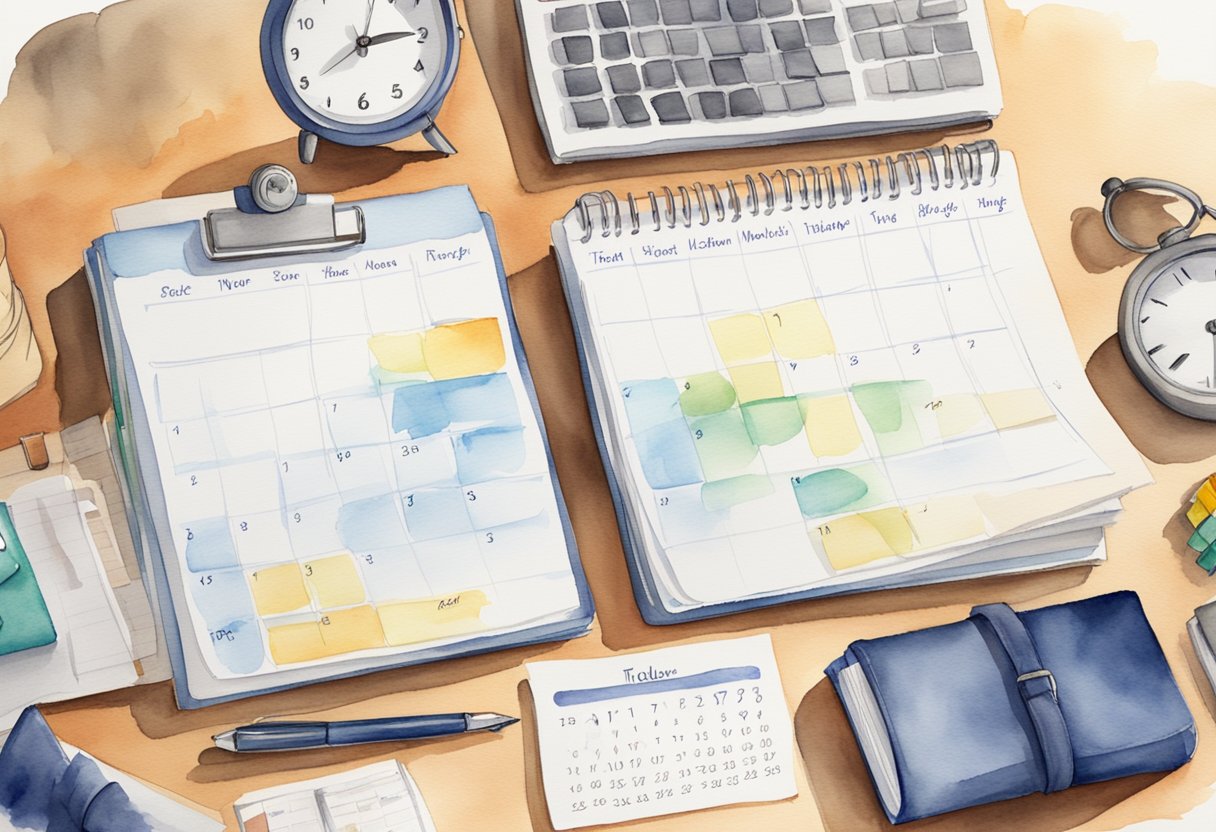 A neatly organized desk with a calendar, to-do list, and labeled folders. A clock shows efficient time management. Items are prioritized and easily accessible