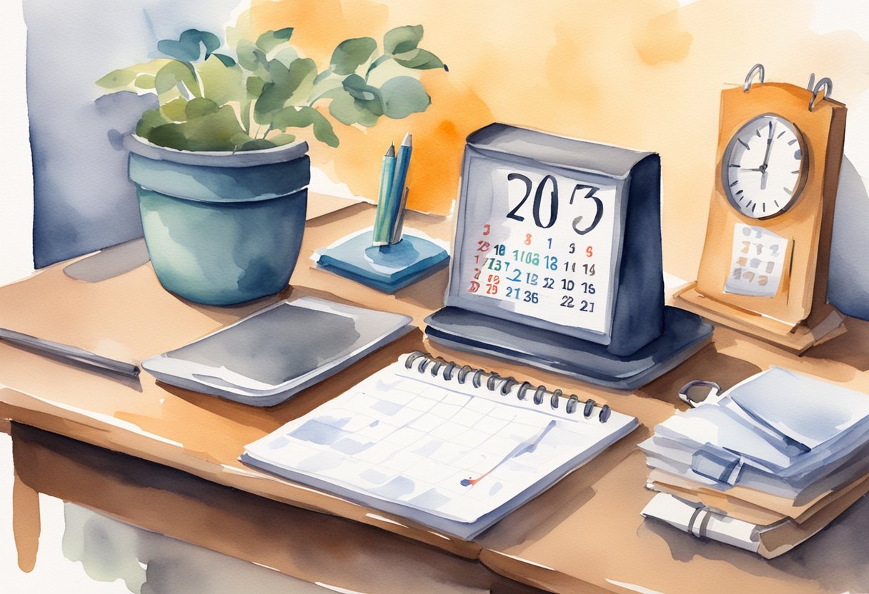 A desk with a calendar, clock, and to-do list. The calendar shows a busy schedule, the clock indicates time passing, and the to-do list highlights prioritized tasks