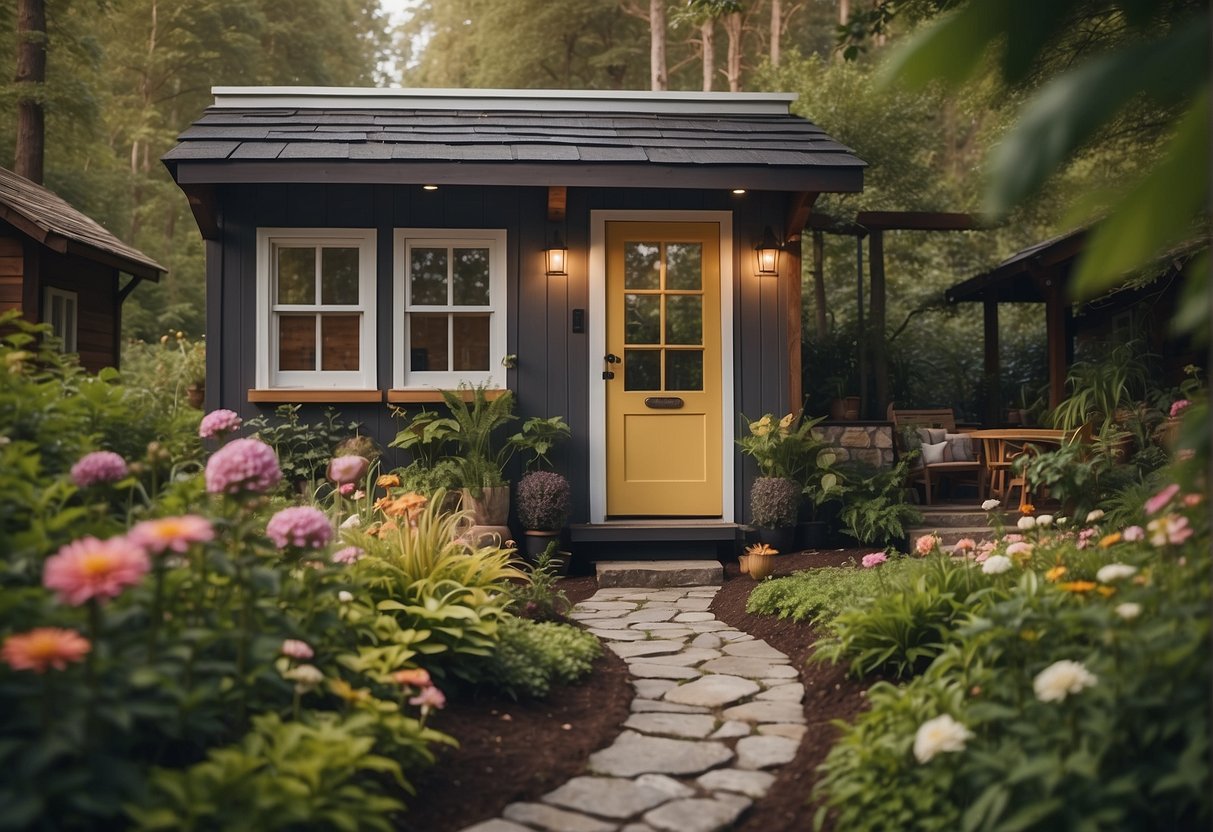 A cozy tiny house nestled in a lush forest, with a winding path leading to the front door and a small garden blooming with colorful flowers
