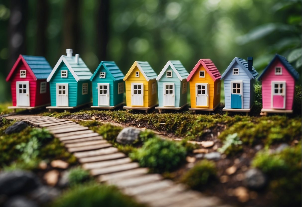 A row of colorful tiny houses nestled in a lush green forest, with a winding path leading to each one