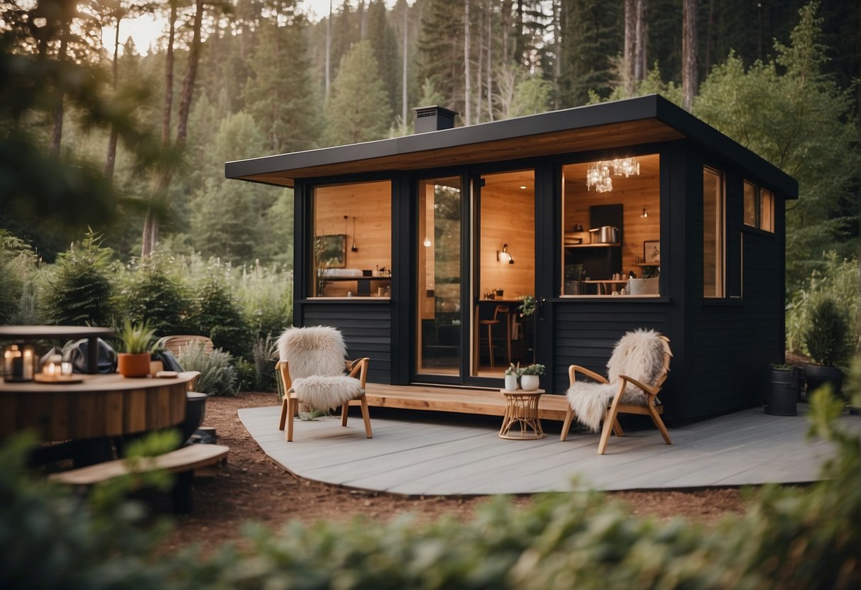 A tiny house surrounded by nature, with a cozy interior and modern amenities. A couple sits outside, sipping coffee and enjoying the peaceful setting