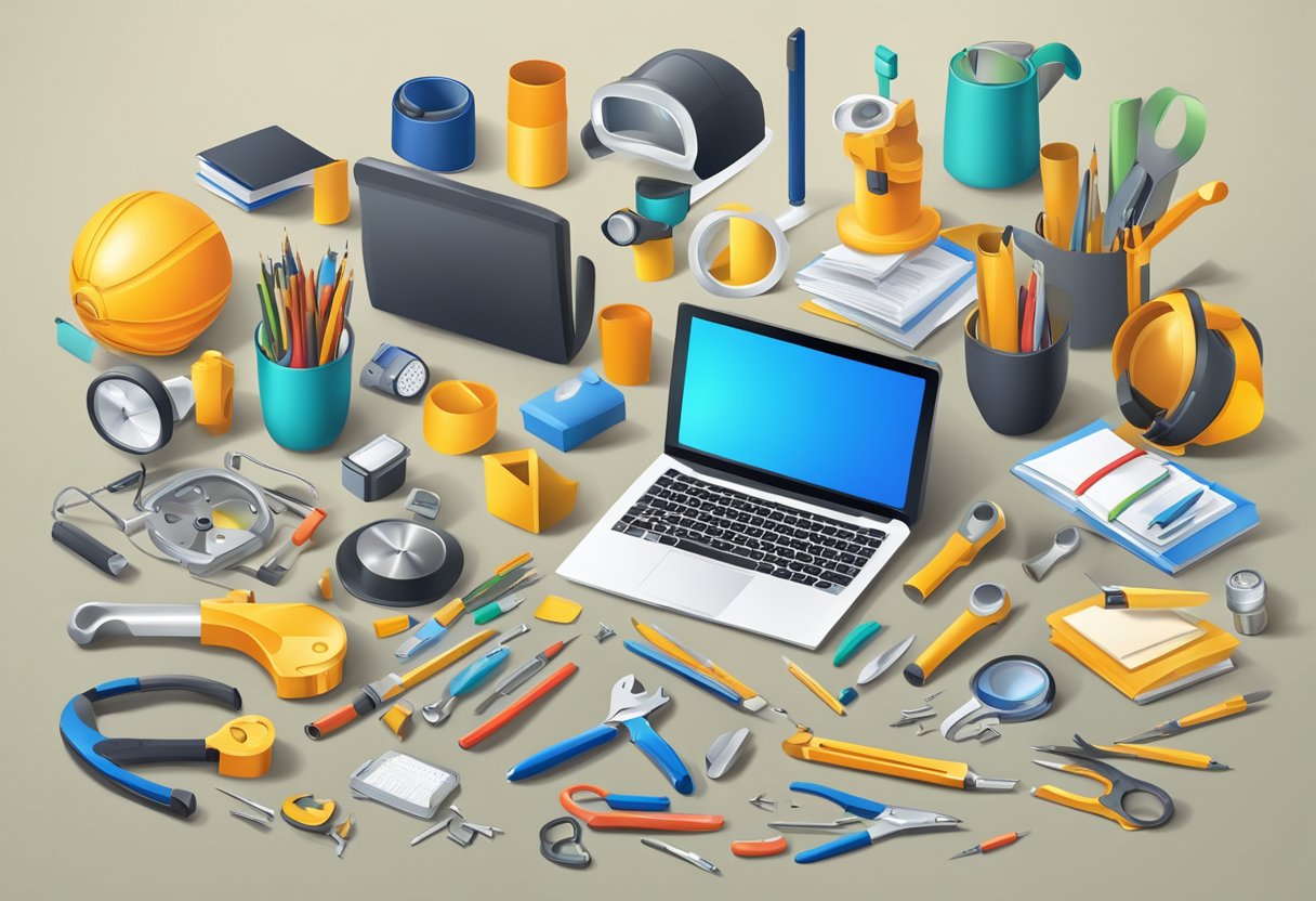 A diverse group of objects and tools are arranged in a dynamic composition, showcasing the integration of different subjects to enhance thinking skills