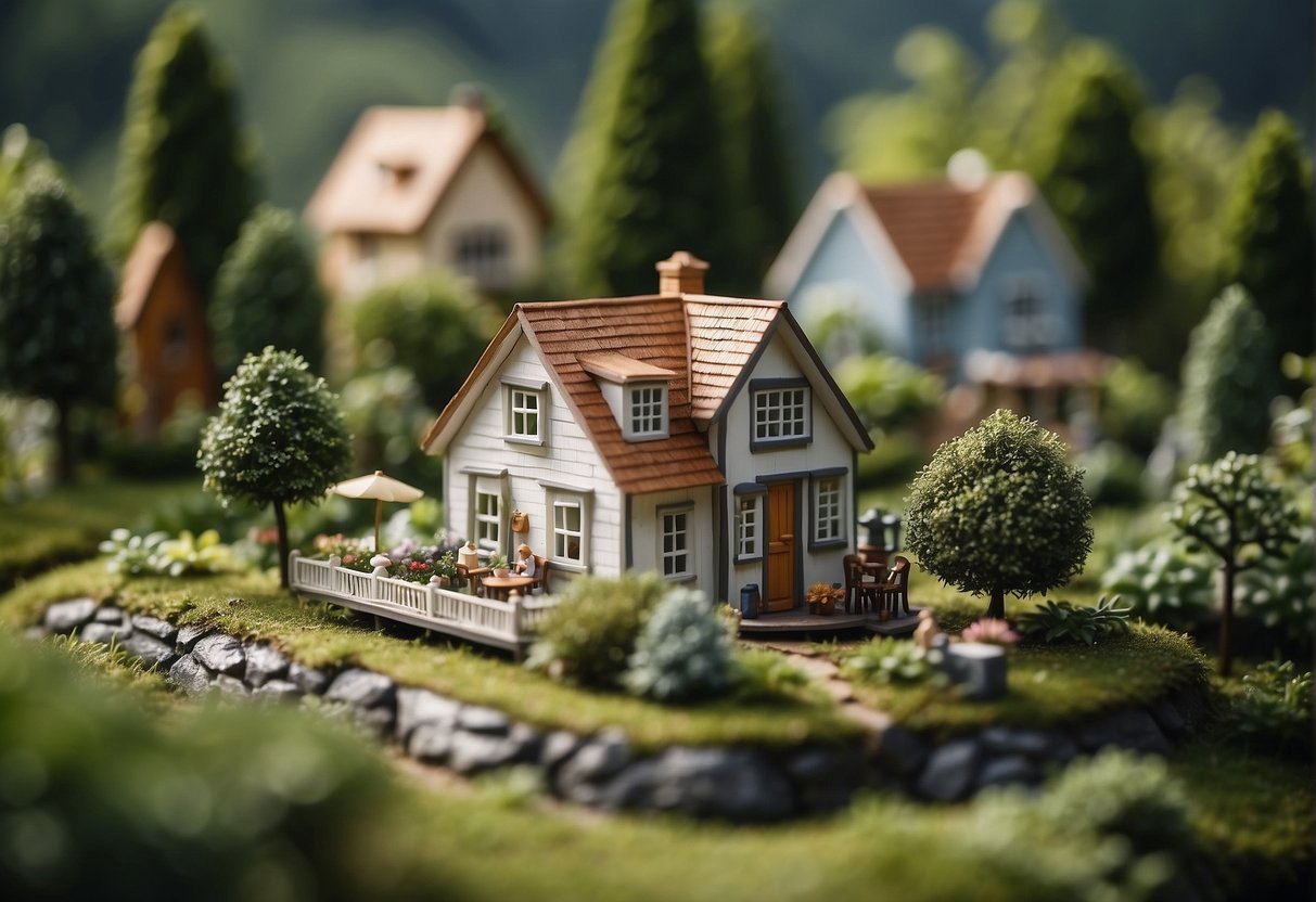 A cozy tiny house village nestled among lush greenery, with couples enjoying the serene surroundings