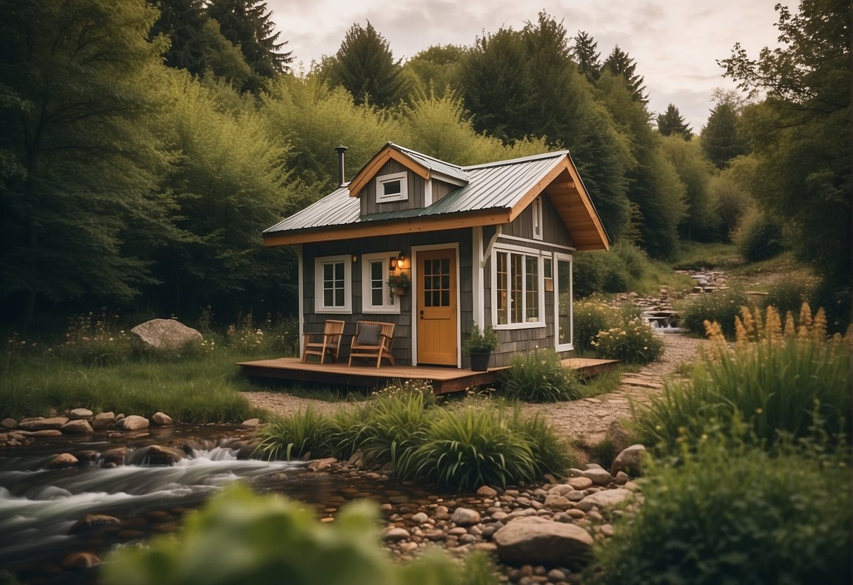 A cozy tiny house nestled in a picturesque countryside setting, surrounded by lush greenery and a babbling brook