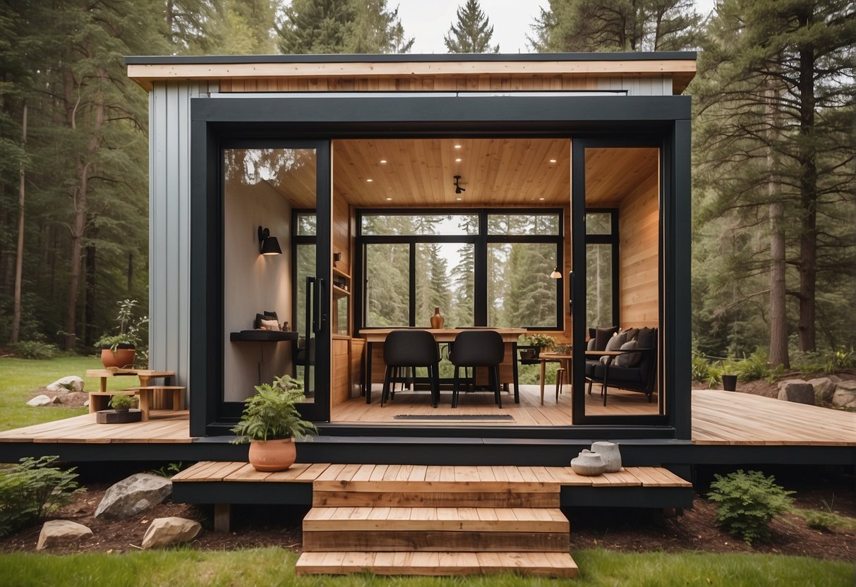 A cozy, minimalist tiny house nestled in a serene natural setting, with large windows letting in plenty of natural light