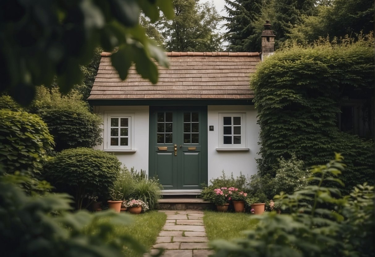 A small, cozy house with a single door and window, surrounded by trees and a small garden