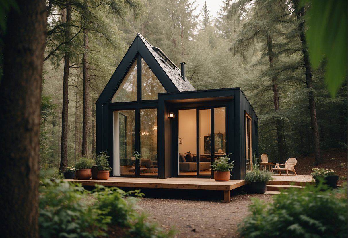 A cozy tiny house with modern interior, surrounded by nature, a couple enjoying the peaceful ambiance