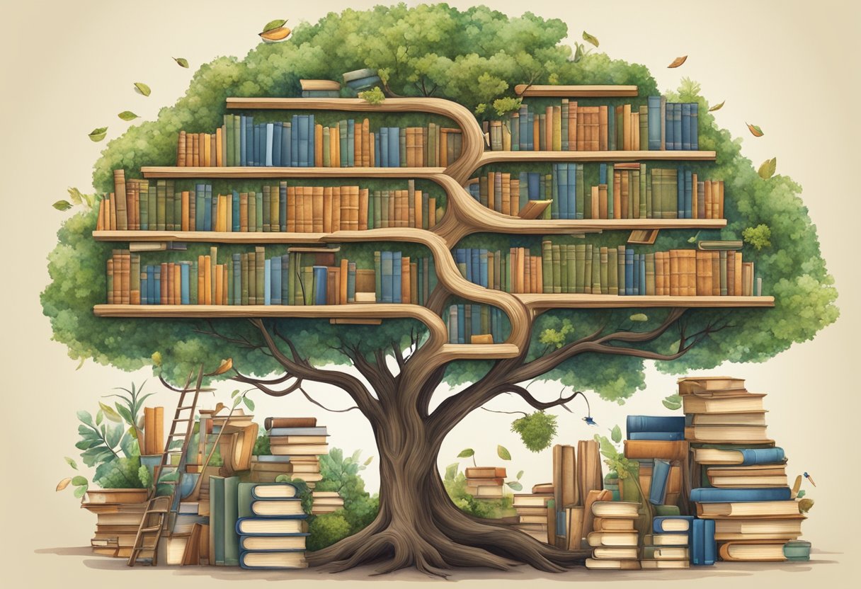 A tree growing amidst a library, with books and various subjects intertwining, symbolizing personal growth and expanded thinking skills