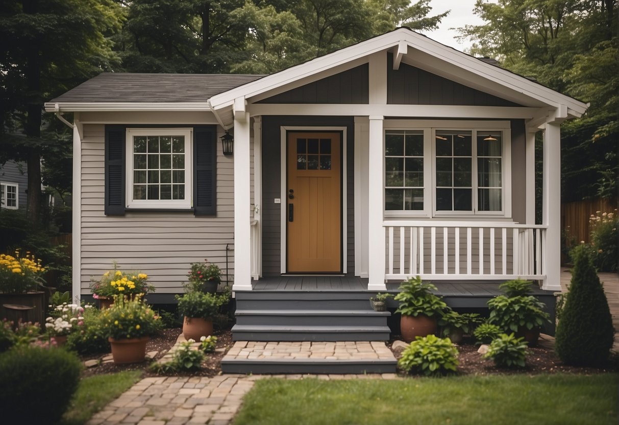 A small, cozy house with a compact footprint, typically under 400 square feet, featuring a pitched roof, large windows, and a front porch