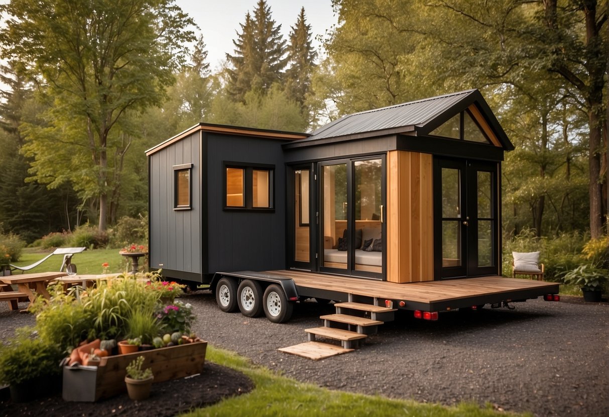 A tiny house measuring 400 square feet with a maximum height of 13.5 feet, built on a trailer for mobility, and designed with space-saving features