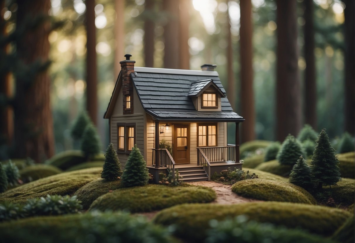 A small, cozy house surrounded by trees, with a sign reading "Frequently Asked Questions: What size is considered a tiny house?" displayed prominently