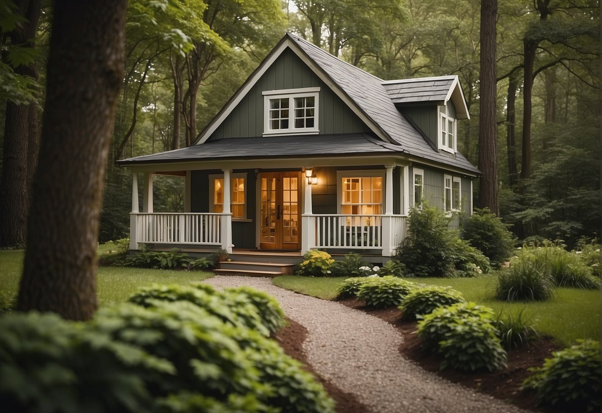 A quaint tiny house sits nestled in a lush green forest, with a cozy porch and large windows. A winding path leads to the front door