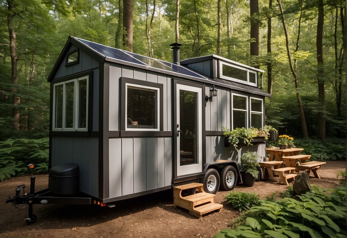 A tiny house on wheels parked in a lush, wooded area. Solar panels on the roof, a small garden outside, and a cozy interior with efficient space-saving furniture