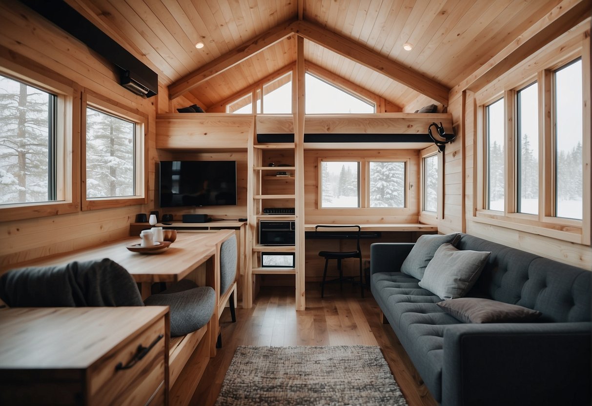 A cozy, modern tiny house with sleek lines and a minimalist interior, featuring space-saving furniture and clever storage solutions