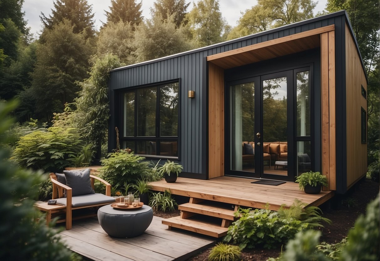 A cozy tiny house with modern furnishings, surrounded by lush greenery and a peaceful, serene atmosphere