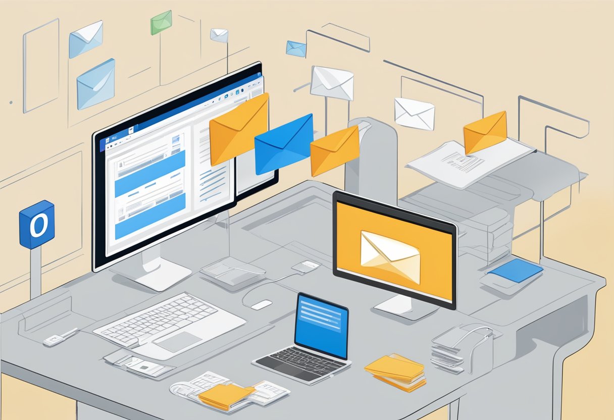 A computer screen displaying Microsoft Outlook with ungrouped emails. The settings menu open, with a cursor hovering over the option to disable email grouping