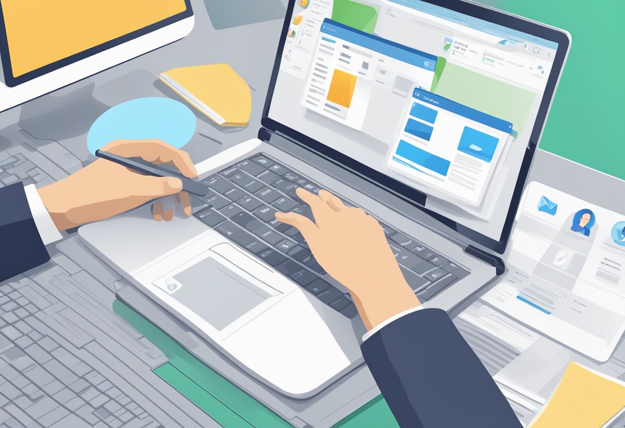 An open laptop displaying Outlook contacts. A hand hovers over the screen, indicating sharing. The interface shows options for sharing the contact list