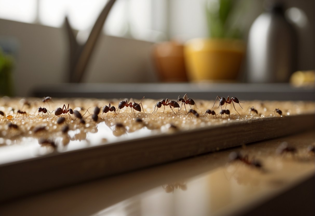 Tiny ants crawl along the kitchen counter, trailing towards a sugar spill. Some carry crumbs back to their nest