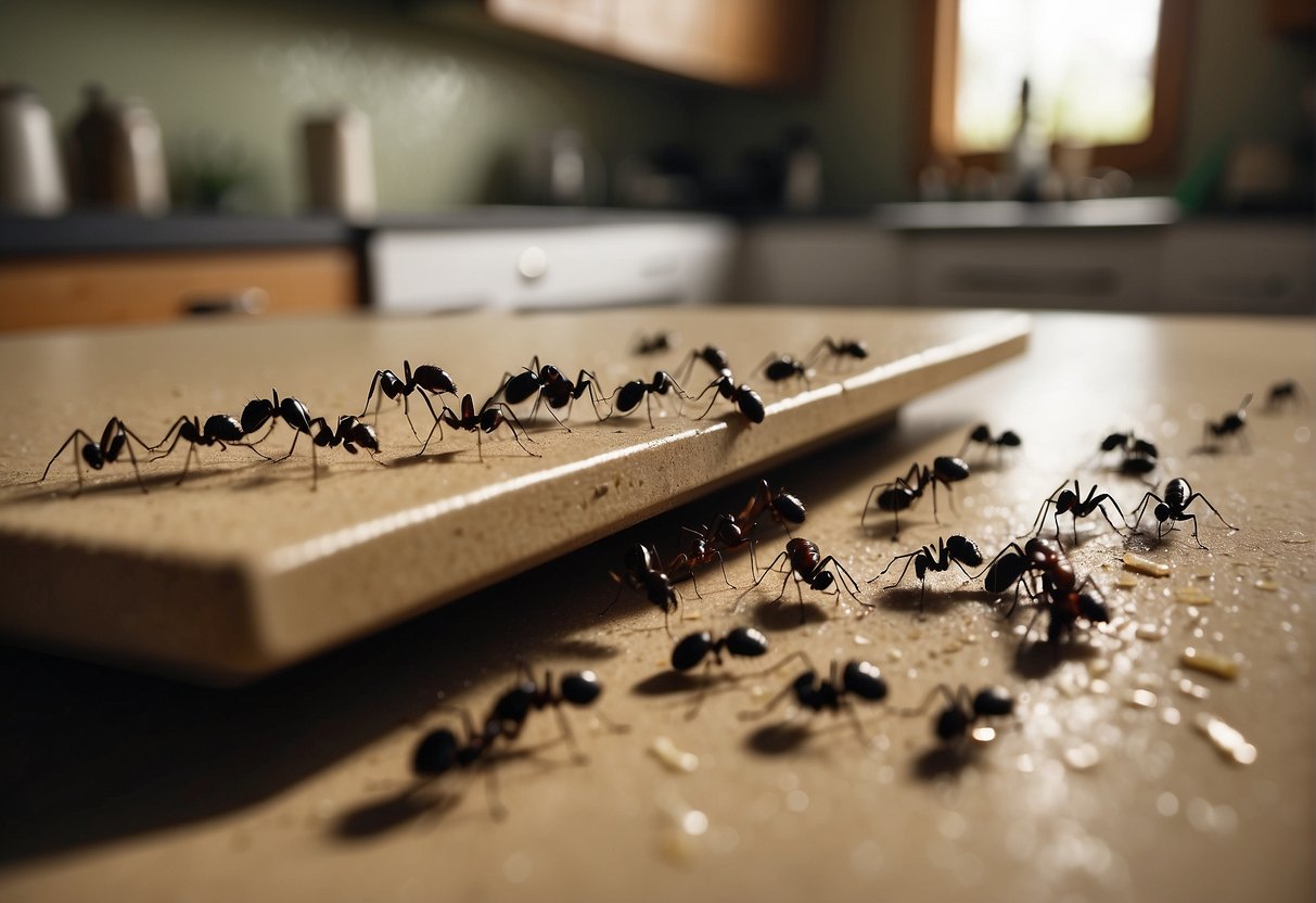 House ants crawl along kitchen counter, drawn to spilled sugar. Trail leads to tiny cracks in wall