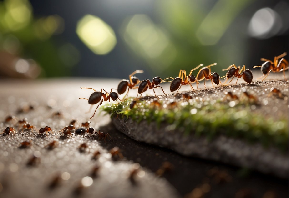 Tiny ants marching in a line towards crumbs on a kitchen counter. One ant carries a piece of food back to their nest