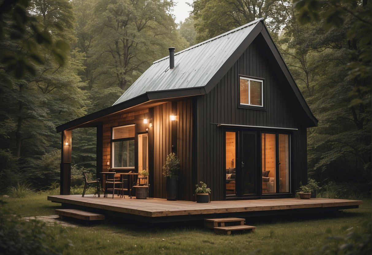 A cozy tiny house with a sloped roof, large windows, a small porch, and surrounded by trees and nature