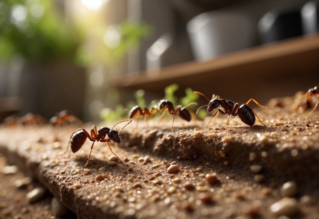 Tiny ants crawling in a kitchen, trailing along countertops and near food sources. Some ants carrying crumbs back to their nest