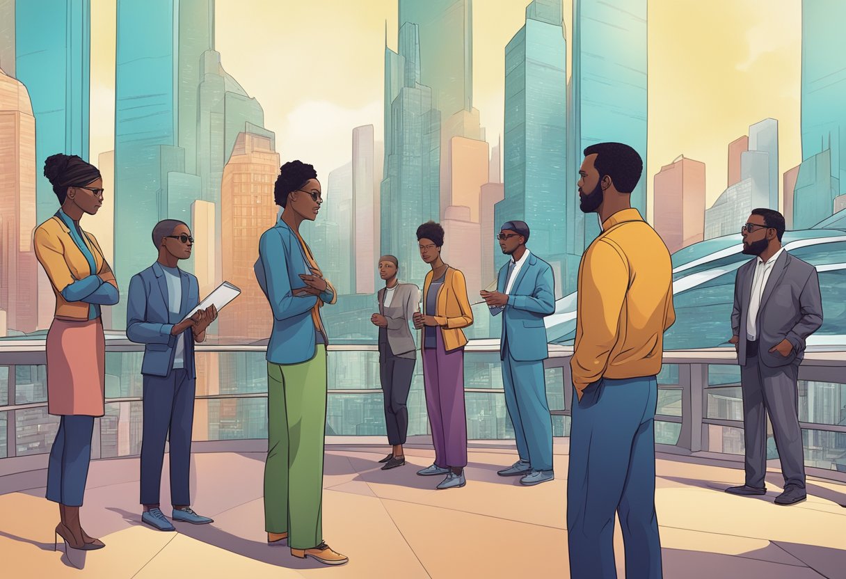 A diverse group debates global problems in a futuristic cityscape
