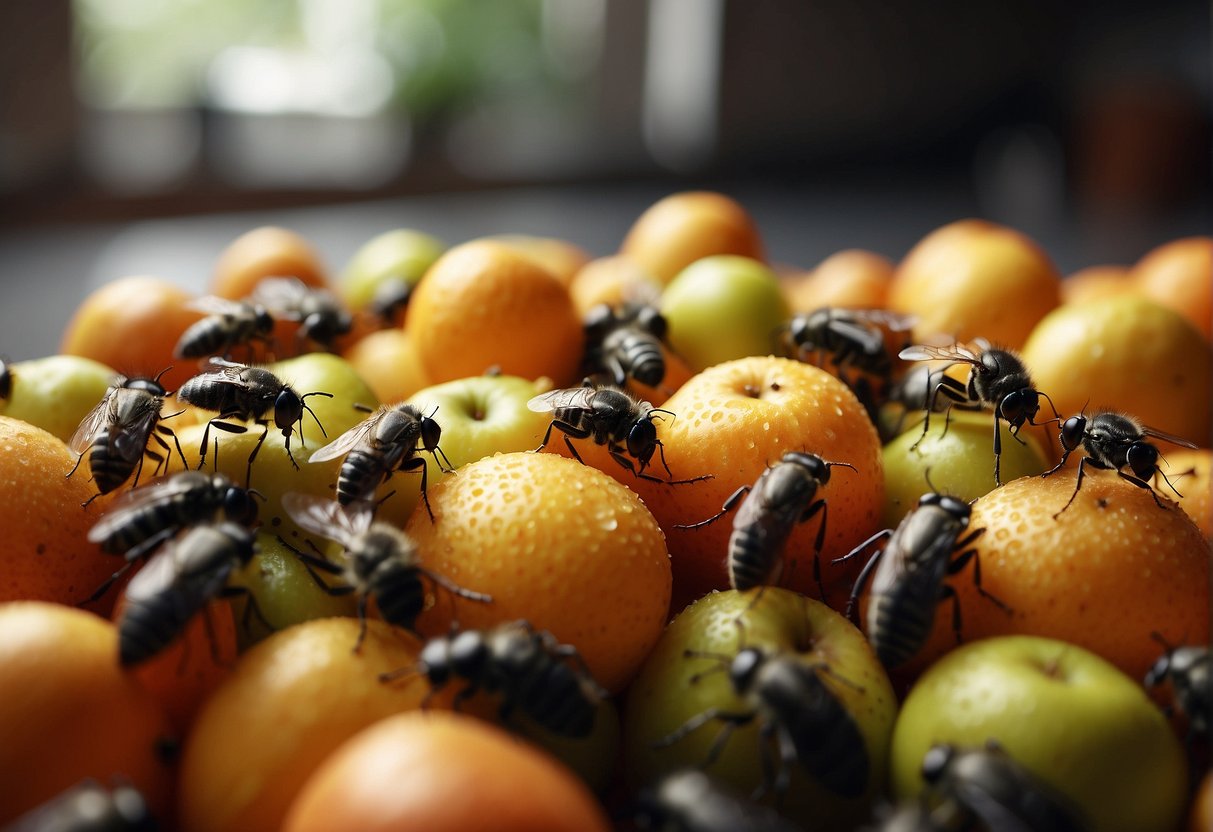 Tiny black flies swarm around overripe fruit and damp areas in a cluttered kitchen, buzzing and darting in the air