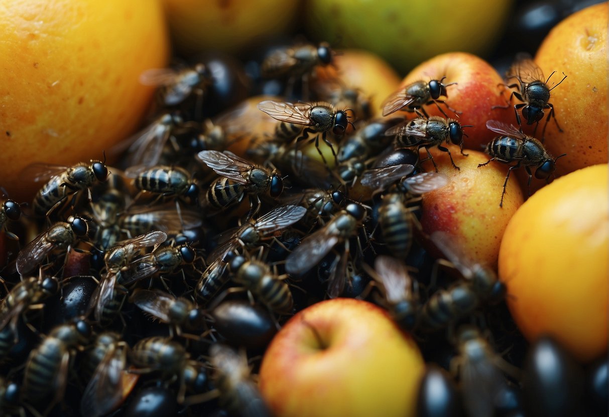 Tiny black flies swarm around overripe fruit and damp garbage in a cluttered kitchen