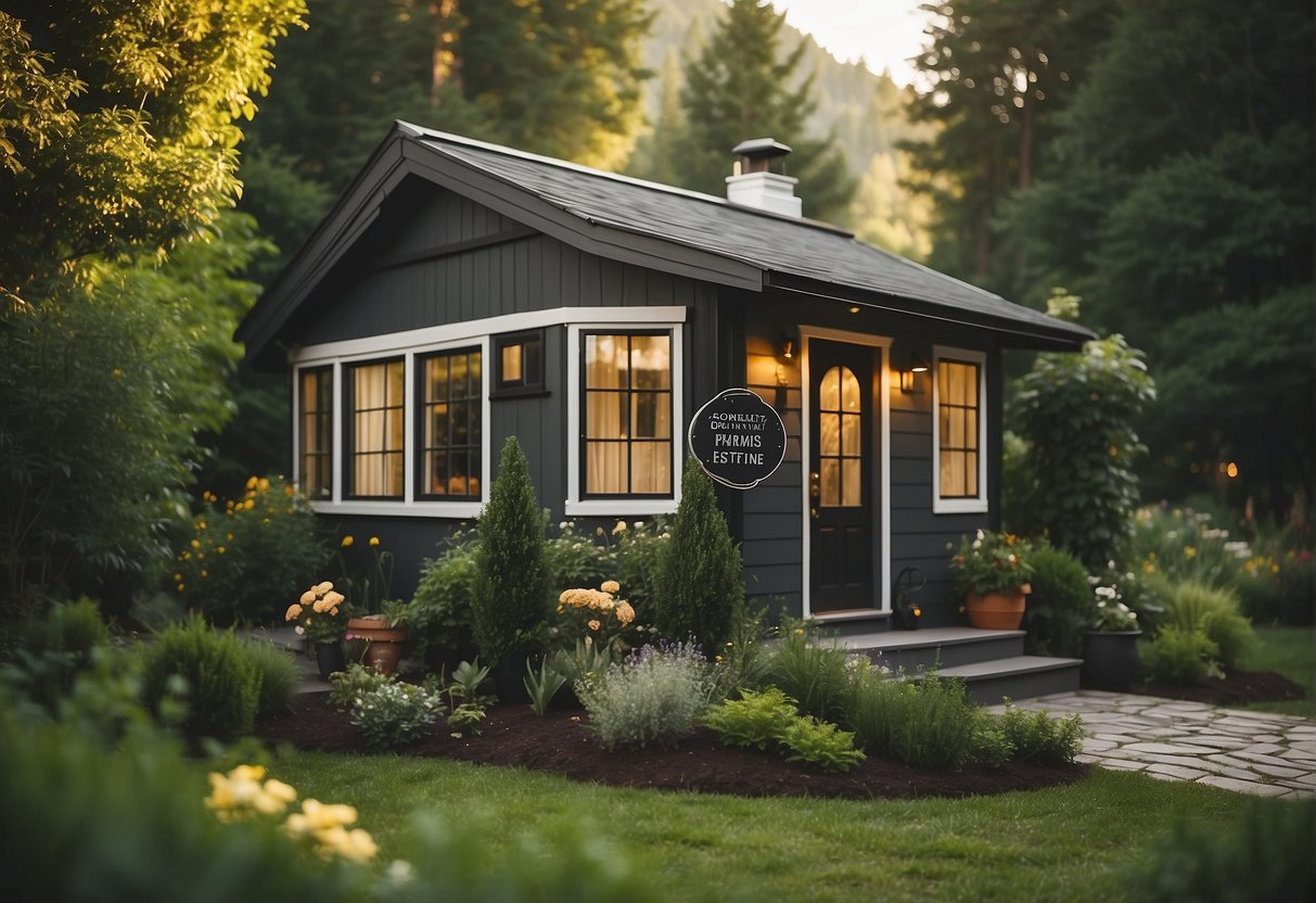 A small, cozy house surrounded by trees and a lush garden, with a sign reading "Frequently Asked Questions: What's Considered a Tiny House" displayed prominently