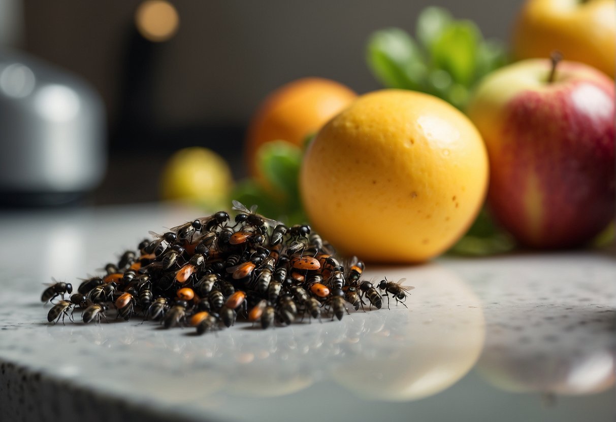 Tiny black flies swarm around a bowl of overripe fruit on the kitchen counter, while others buzz around the trash can and sink