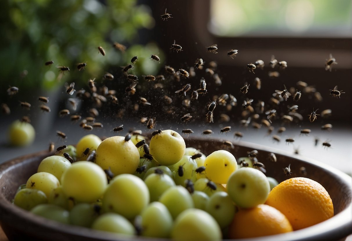 Tiny black flies swarm around a kitchen, buzzing near fruit and garbage. They cluster near windows and light sources, creating a nuisance for the inhabitants