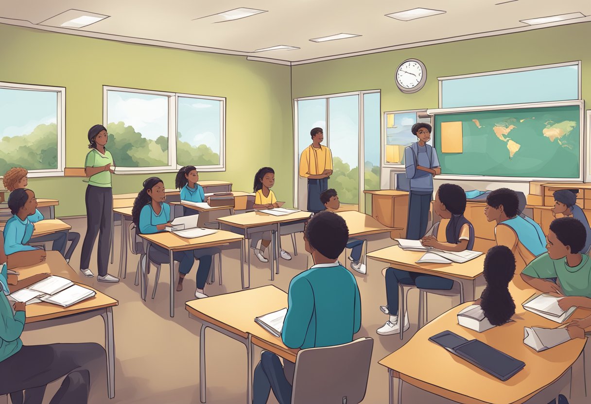Students in a classroom acting out complex world issues through role-playing, engaging in educational scenarios