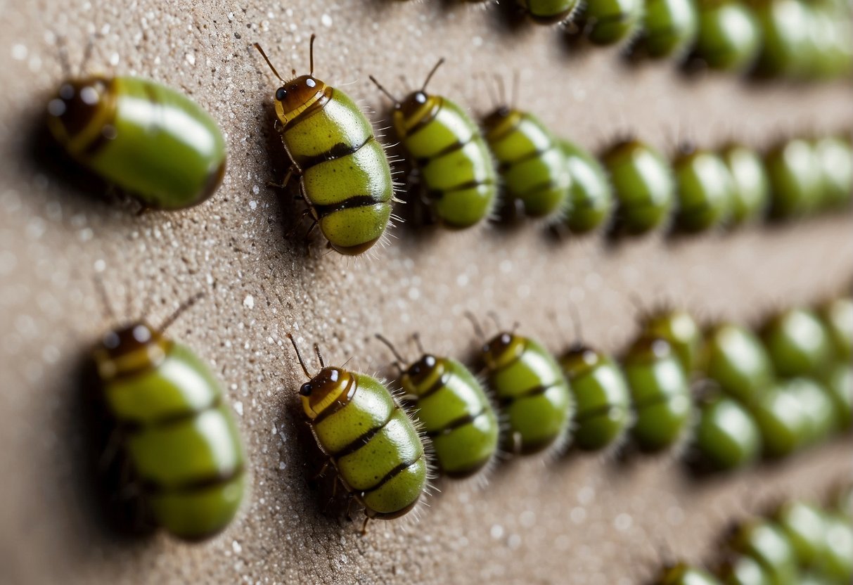 Tiny caterpillars crawl along the walls and floors of a typical household, some with distinct markings or hairs. They vary in color and size, from green to brown and from a few millimeters to a couple of centimeters long