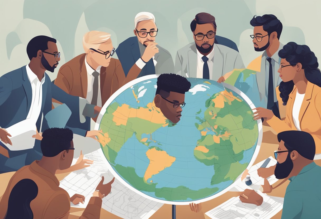 A diverse group of people engage in heated discussions about global issues, surrounded by maps, charts, and protest signs