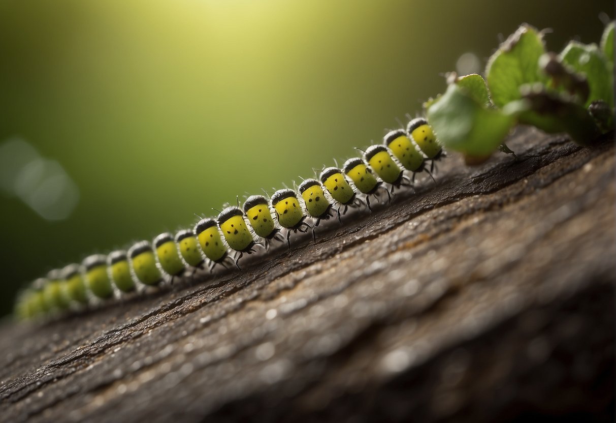 Tiny caterpillars crawling on walls and floors, near food sources and damp areas. Visible damage to plants and fabric. Signs of droppings and webbing