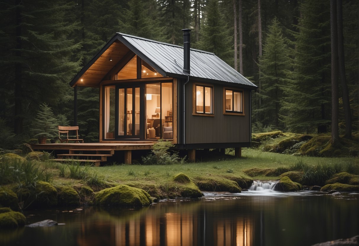 A tiny house nestled in a serene forest clearing, surrounded by tall trees and a small stream. The house is cozy, with a front porch and large windows, inviting a simple and peaceful lifestyle