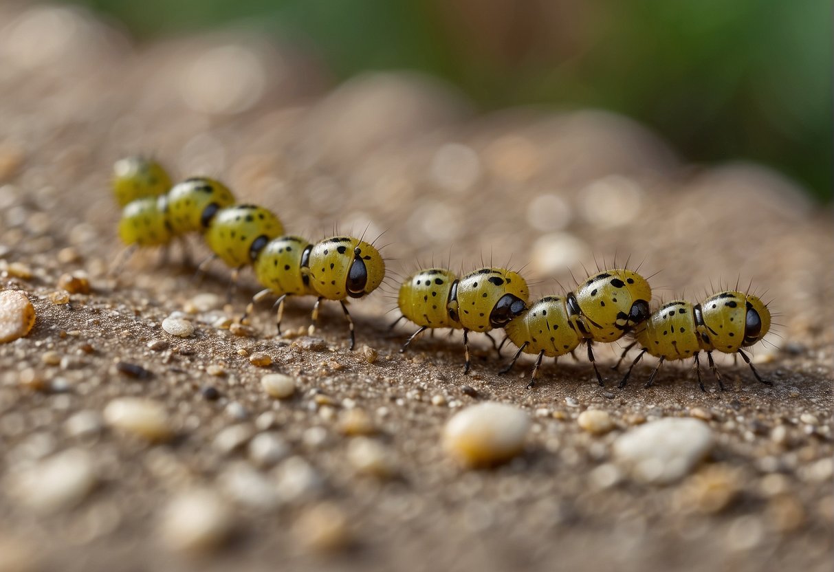 Tiny caterpillars crawling on household surfaces, like walls or floors. Some may be clustered together, others may be moving alone