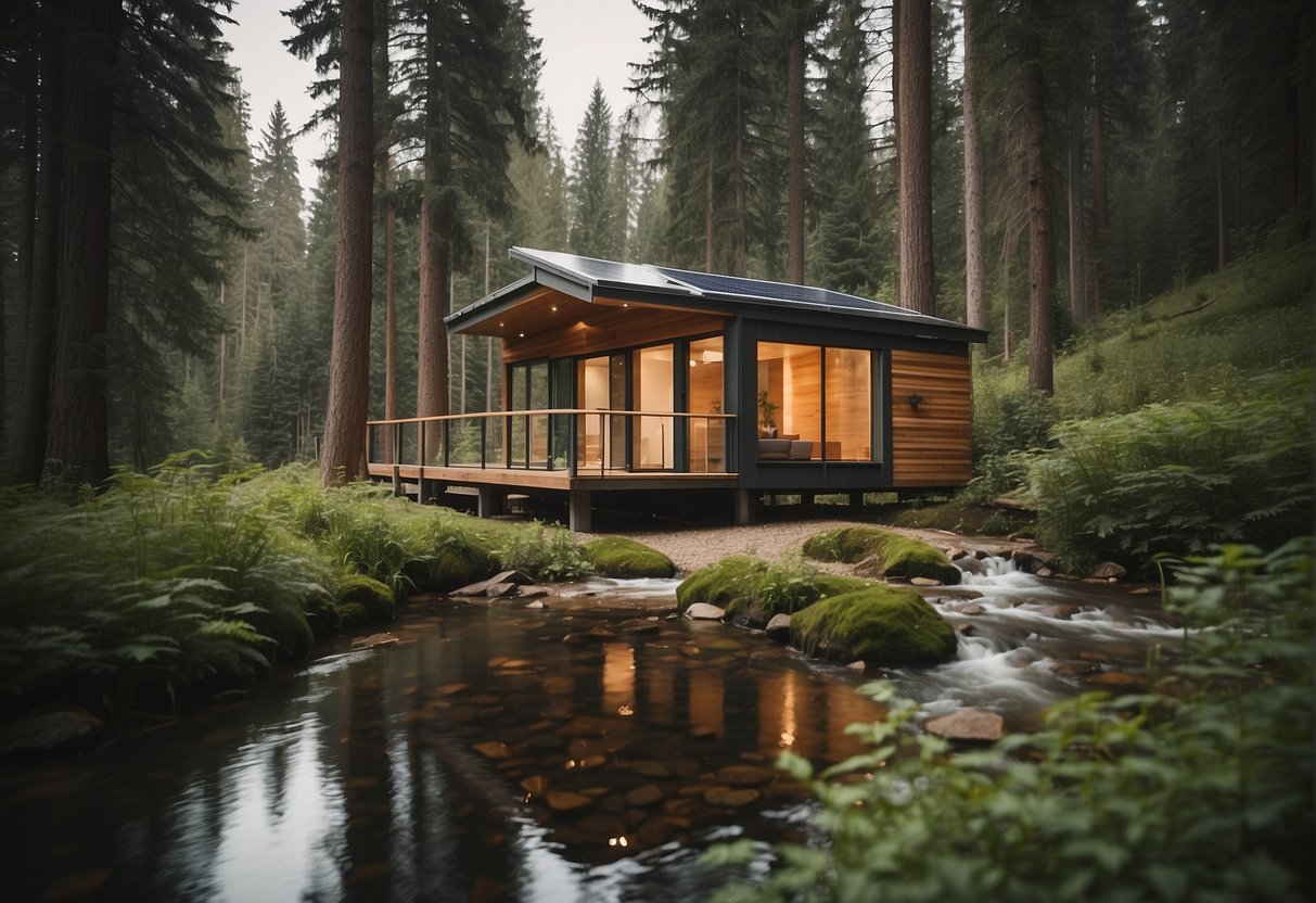 A cozy tiny house nestled in a serene forest, surrounded by tall trees and a bubbling stream, with a small garden and solar panels on the roof