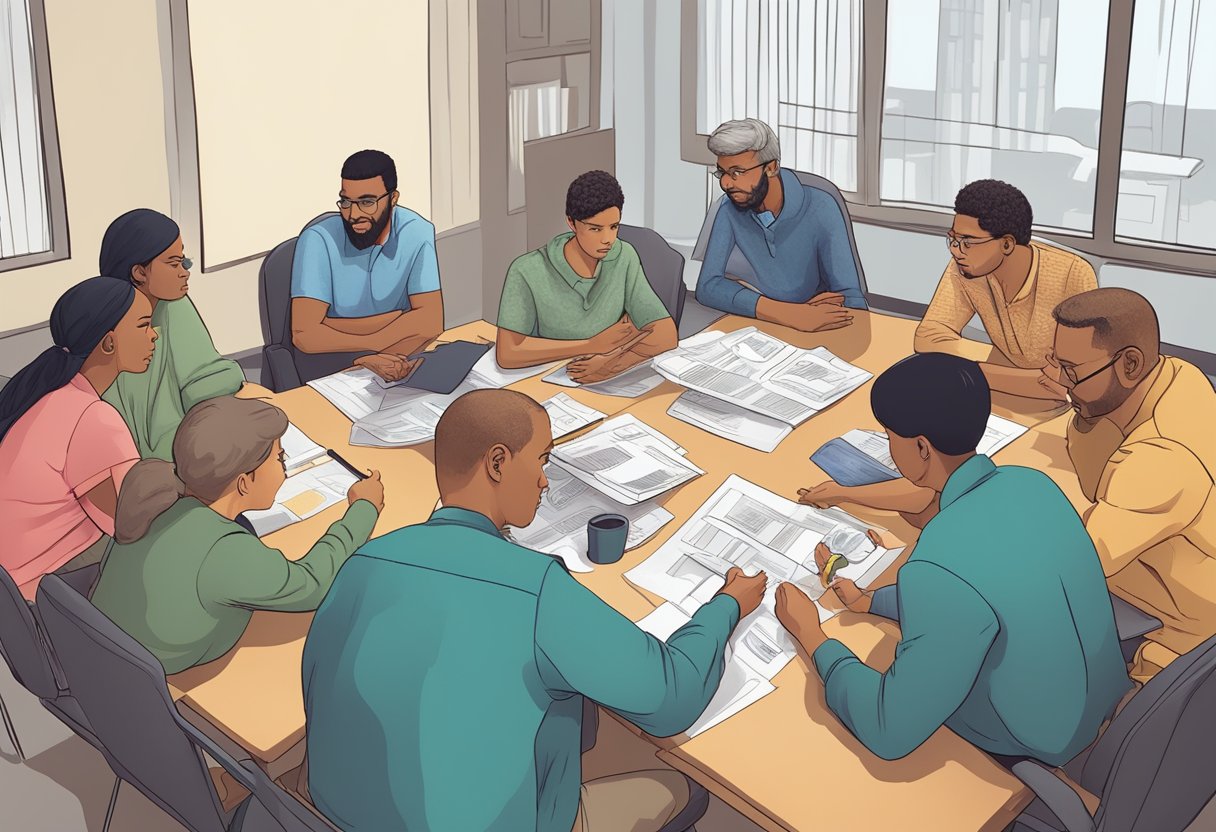 A group of diverse individuals engage in intense discussions about complex world issues, using props and visual aids to enhance their role-play scenarios