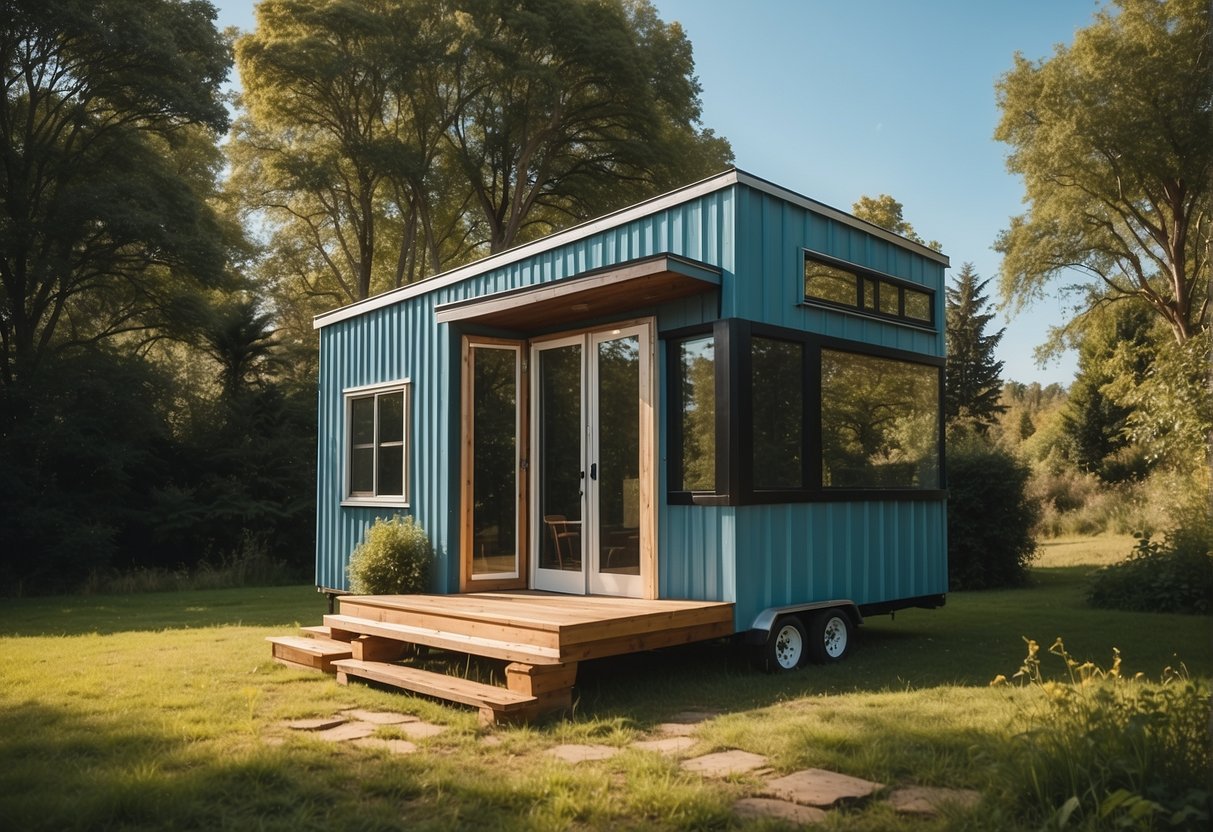 A tiny house nestled in a serene natural setting, surrounded by lush greenery and a clear blue sky