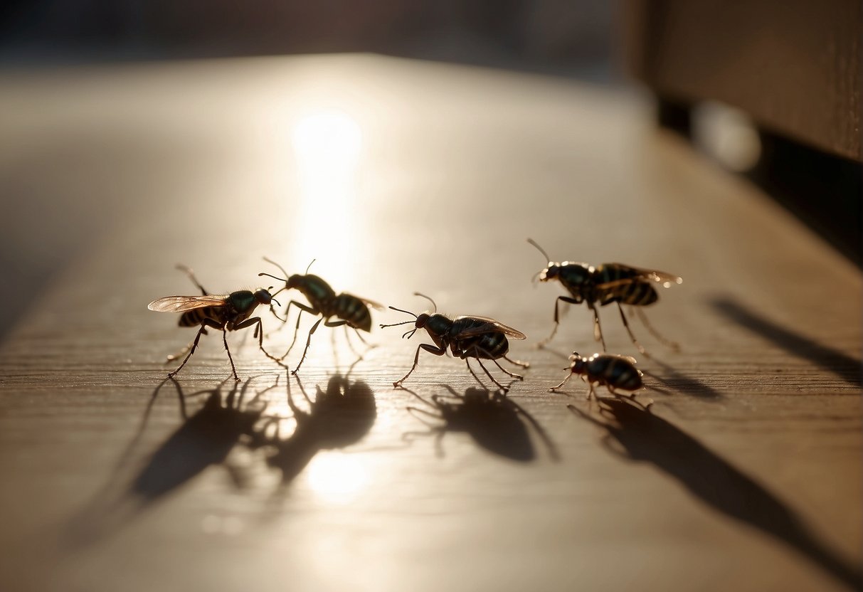 Tiny bugs jump across the floor and furniture in a bright, sunlit room, casting small shadows as they move