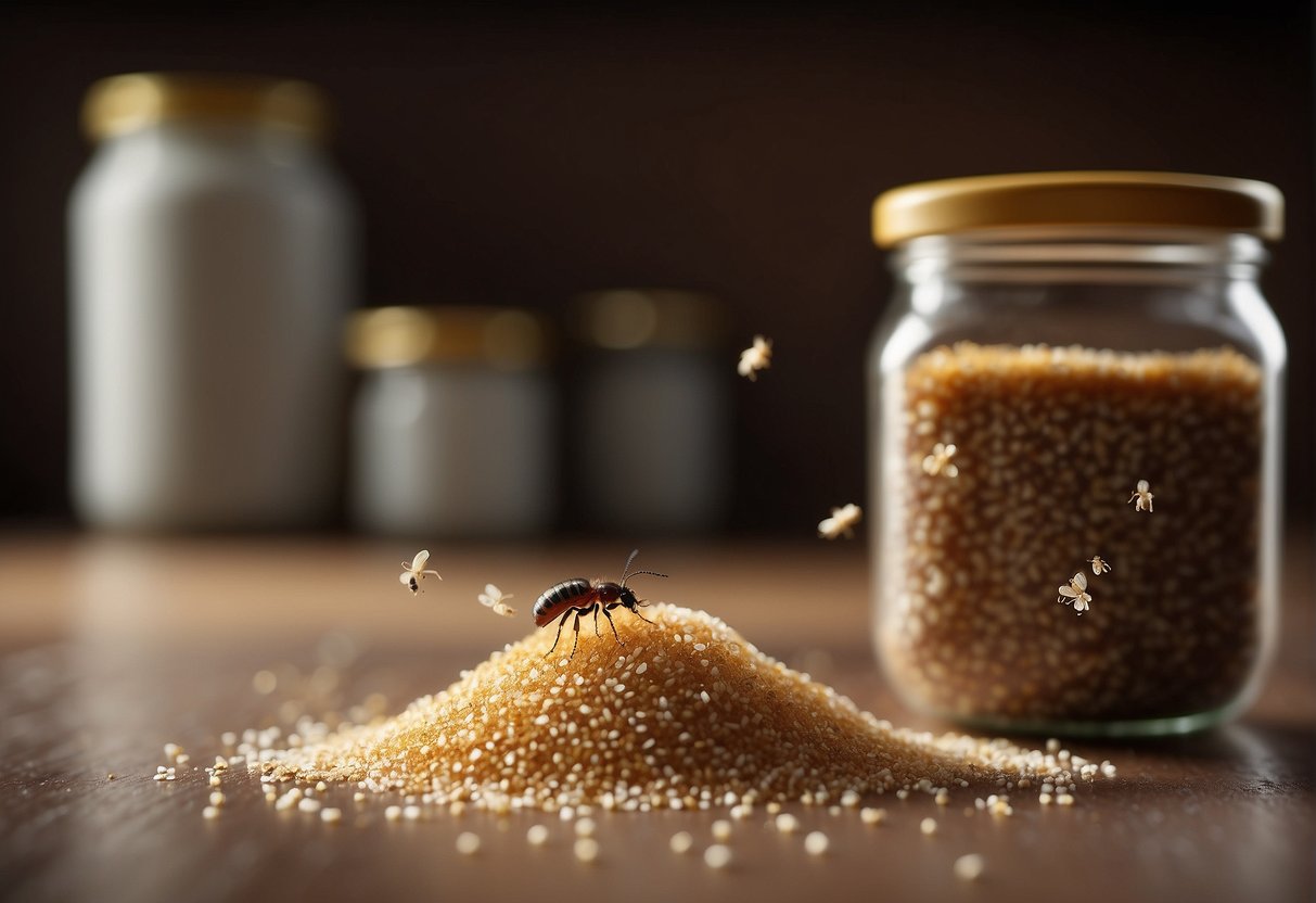 Tiny jumping bugs hop around a kitchen counter, near a spilled jar of sugar. A few bugs crawl on a loaf of bread