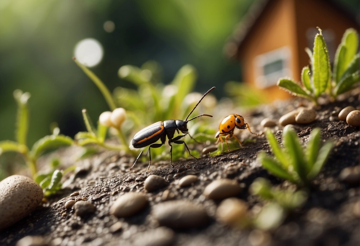 Tiny bugs jumping around a house, with various common household items in the background