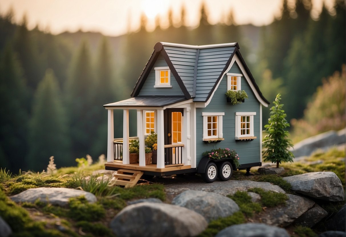 A tiny house nestled in a peaceful, natural setting with a sign reading "Frequently Asked Questions: Where can I live in a tiny house?" displayed prominently