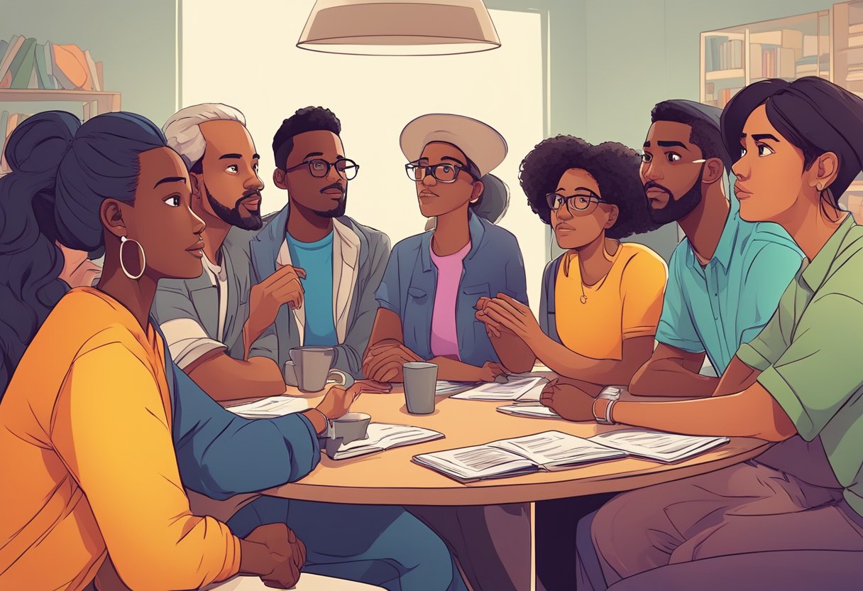 A group of diverse characters engage in intense discussions, expressing a range of emotions, while navigating complex world issues in a vivid, dynamic setting