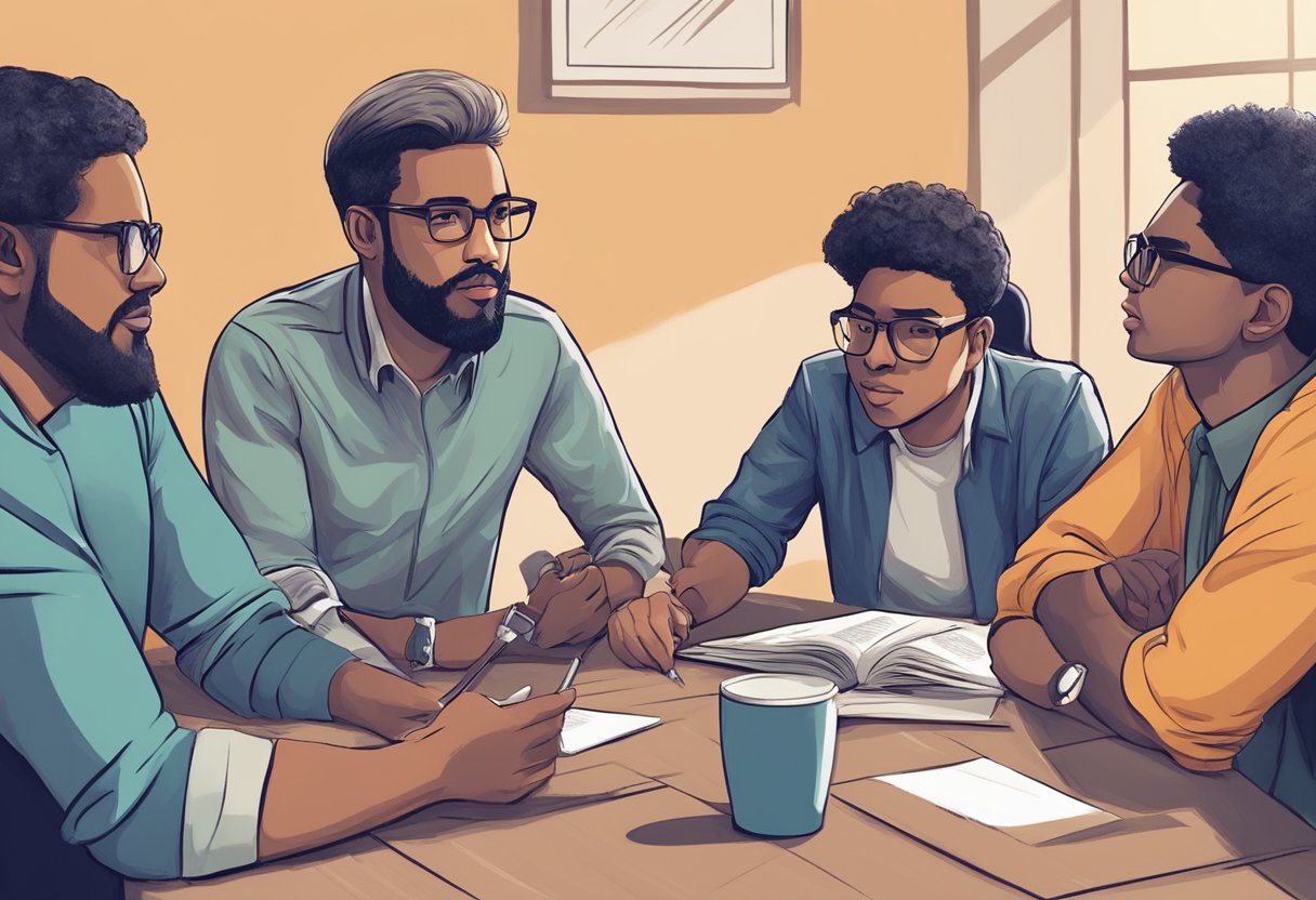A group of diverse individuals engage in role-playing exercises, discussing complex world issues with passion and intensity