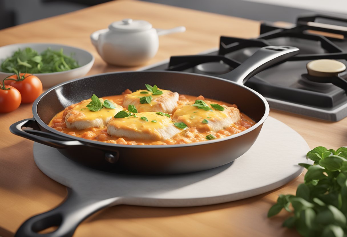 A sizzling skillet with creamy tomato sauce, tender chicken breasts, and melted cheese bubbling on top. A sprinkle of fresh herbs adds the finishing touch
