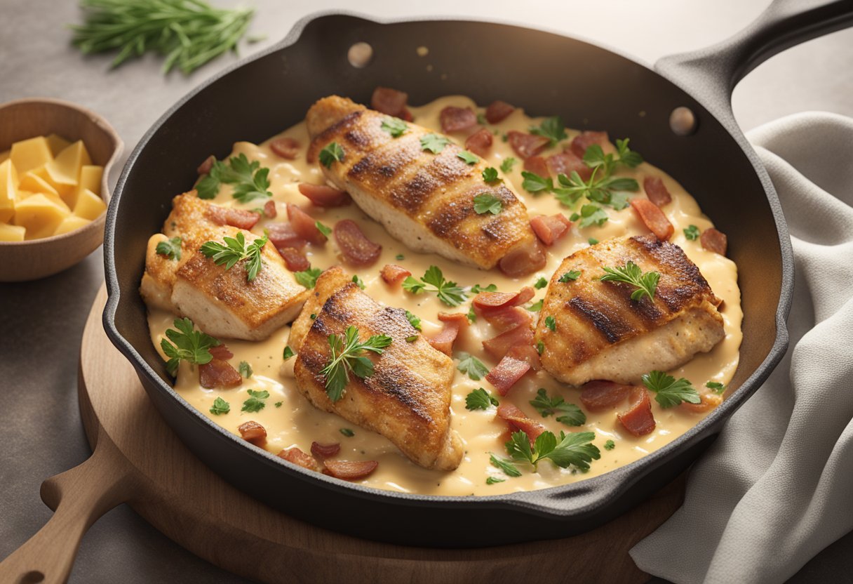 A skillet sizzles with chicken, bacon, and creamy sauce. A sprinkle of herbs adds a burst of color to the dish